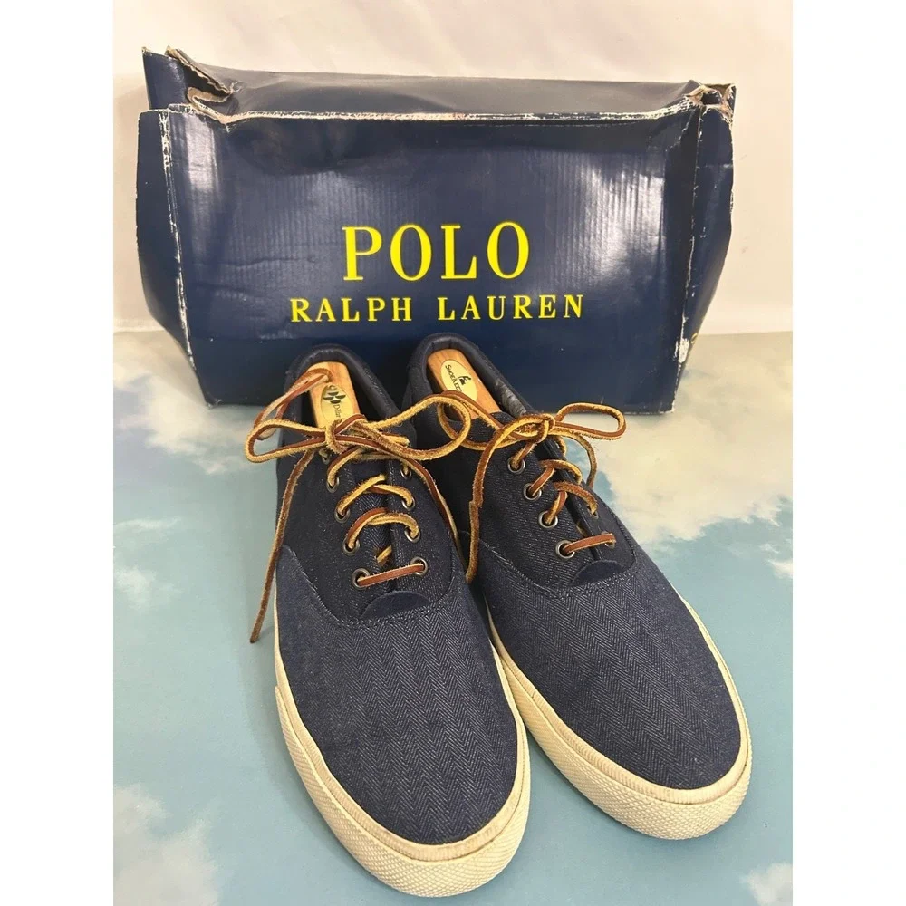 Polo Ralph Lauren Men Navy Blue Canvas Casual Shoes Sneakers Leather Laces Sz 11
